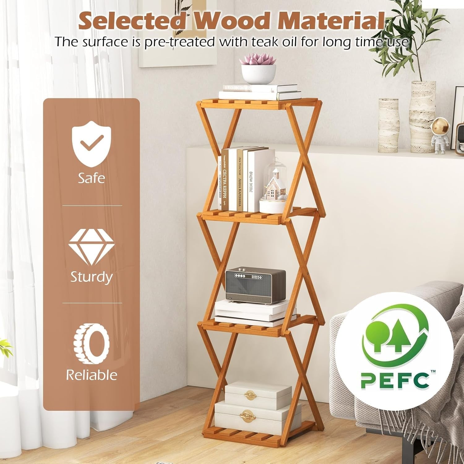 4-Tier Folding Plant Stand Tall Wooden Indoor Outdoor Corner Shelf Rack