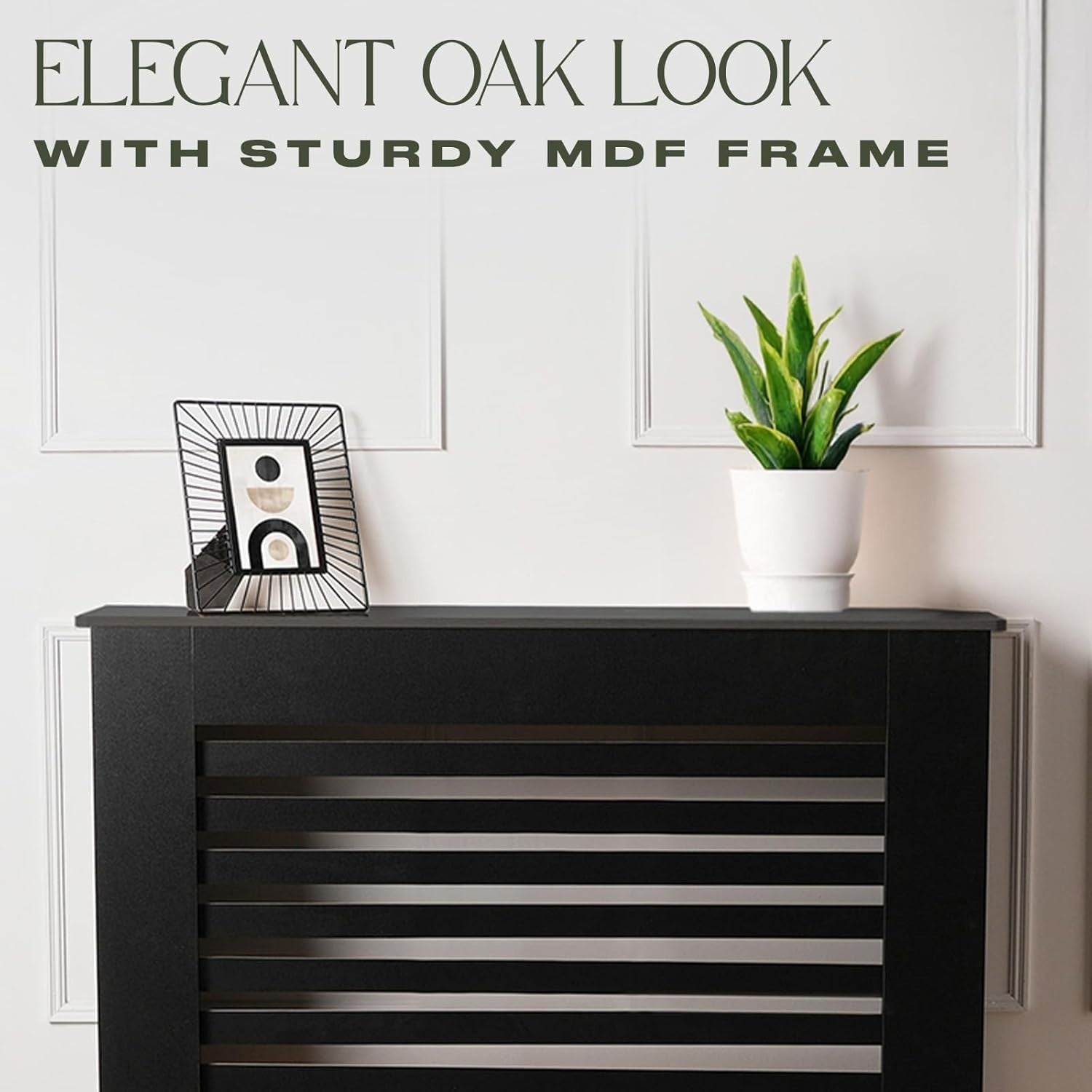 Black Radiator Cover Medium MDF Slatted Cabinet – Modern Wooden Heater Shelf