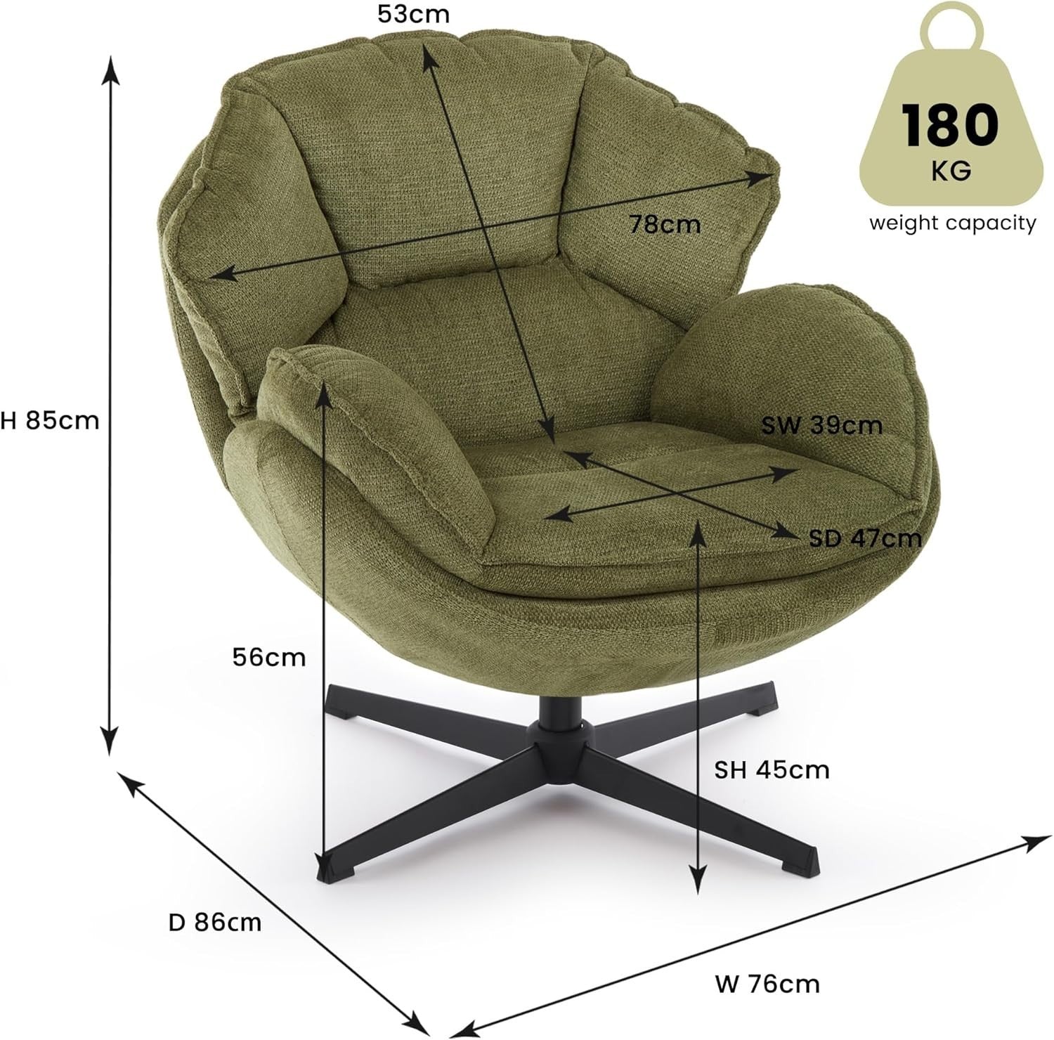 Swivel Accent Chair Tub Armchair Upholstered Reading Chair Metal Legs Green