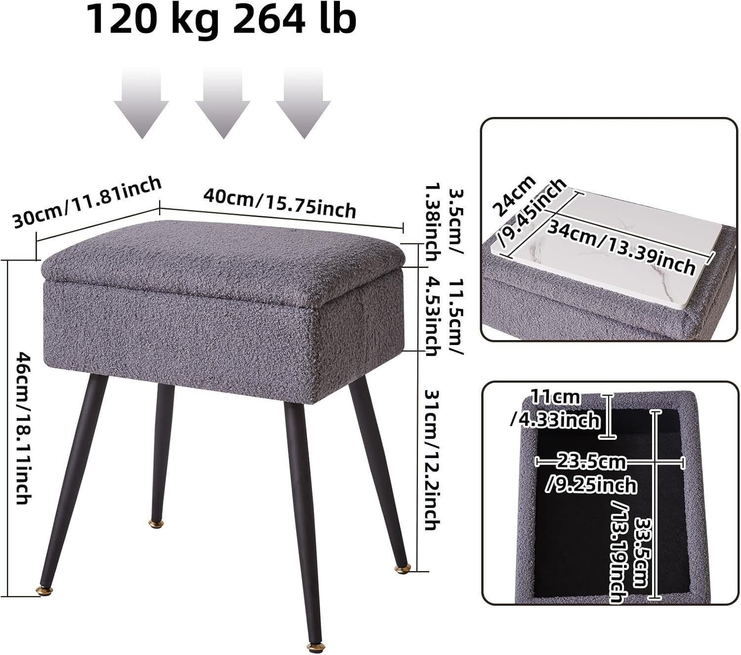 Grey Teddy Fur Vanity Stool with Storage – Soft Ottoman Chair for Bedroom