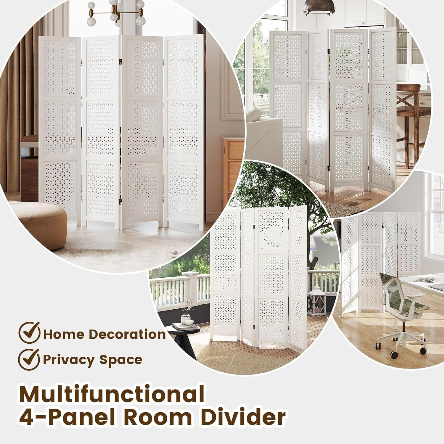4 Panel White Carved Wood Room Divider Decorative Privacy Screen 170cm High
