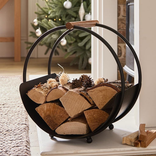 Log Holder Cradle Basket Black Iron Firewood Storage | Indoor Fireplace
