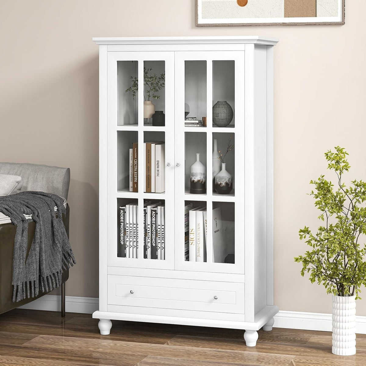 Modern White Bookcase with Glass Doors Drawer Adjustable Shelf Storage Unit
