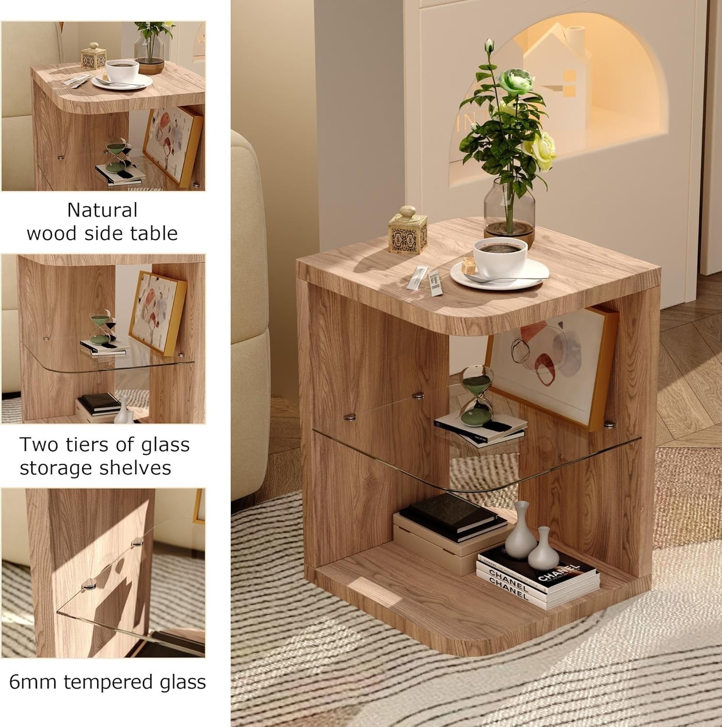 Wood & Glass Coffee Side Table with Storage – Modern End Table 40x40x55cm