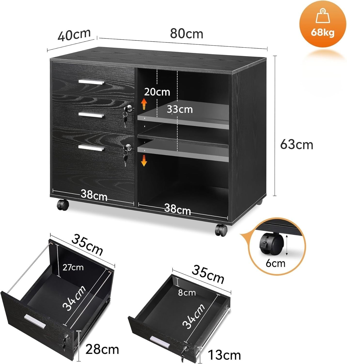 Black Mobile File Cabinet 80x40x63cm Lockable Drawers Printer Shelf