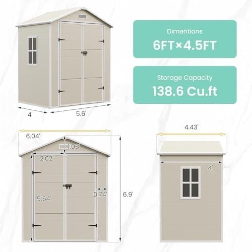 Plastic Garden Shed 6x4.5FT Outdoor Storage with Lock, Floor & Window Grey White