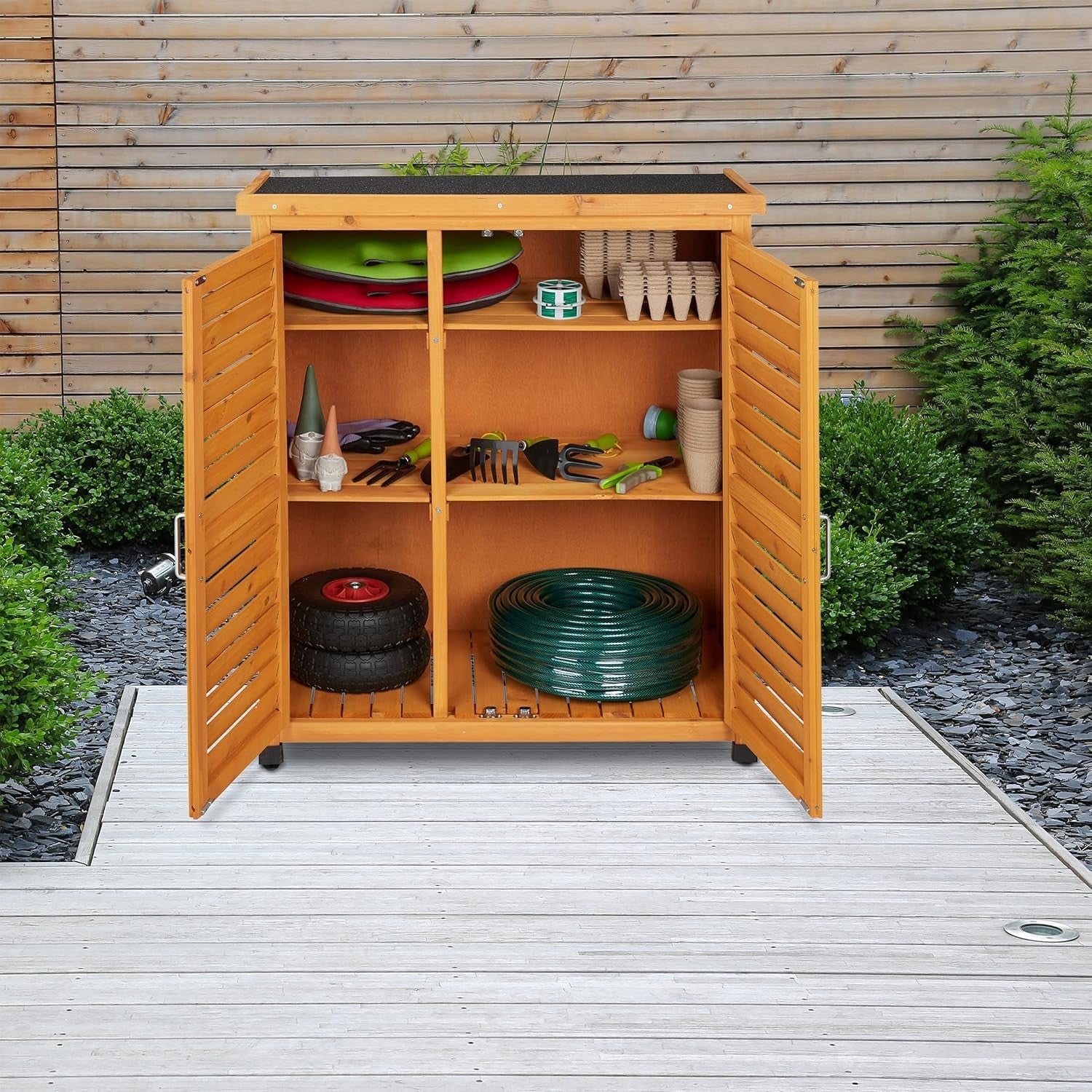 Wooden Outdoor Storage Cabinet with Shelves & Slanted Roof Garden Tool Shed 97cm