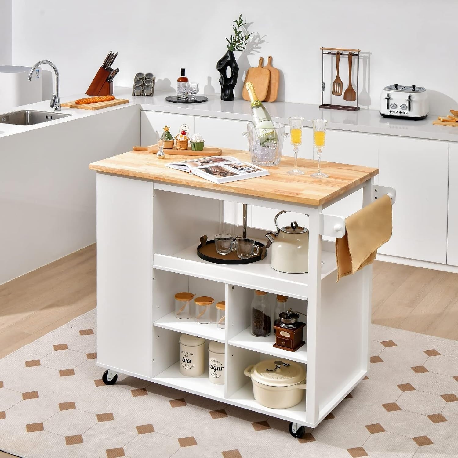 White Large Kitchen Island Cart Rubber Wood Top