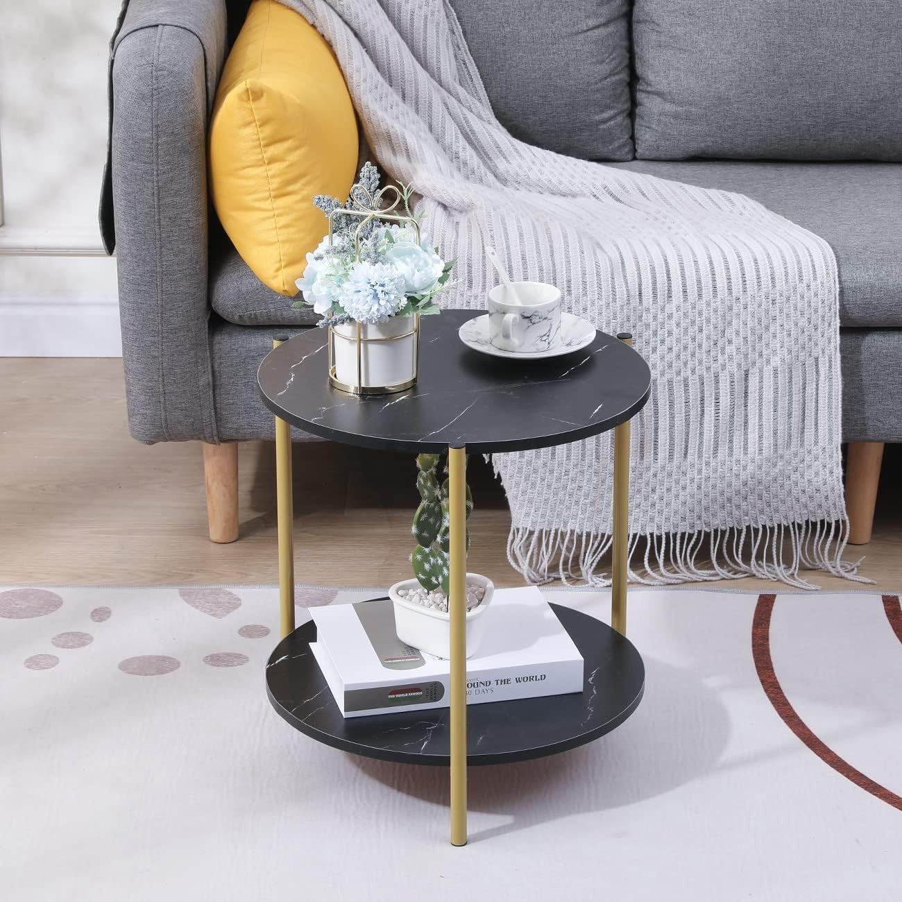 Round Black Marble Side Table with 2-Tier Shelf – Modern Gold Frame End Table