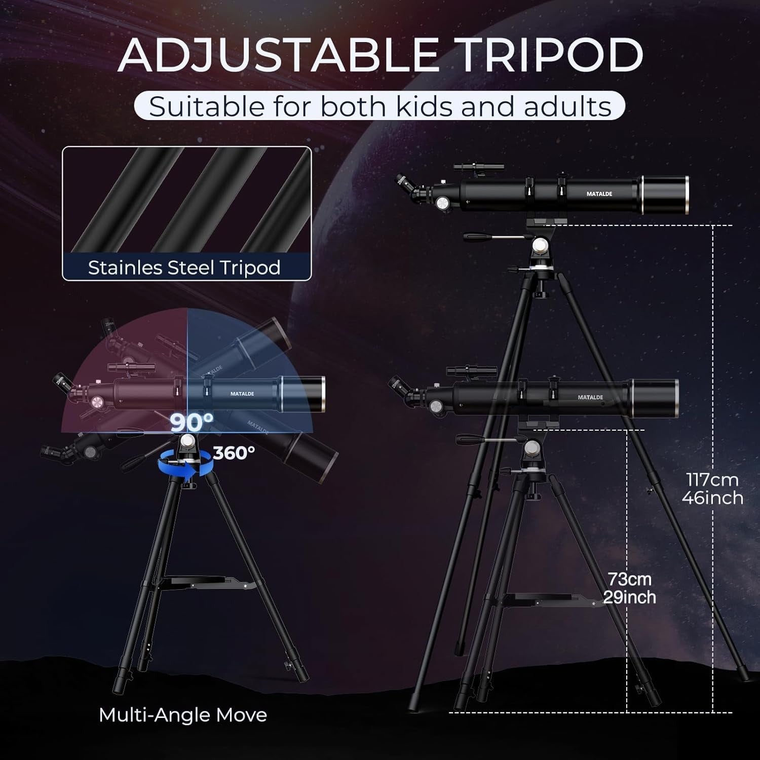 Advanced Telescope 90mm Refractor 32X-240X Astronomy Kit Black Tripod