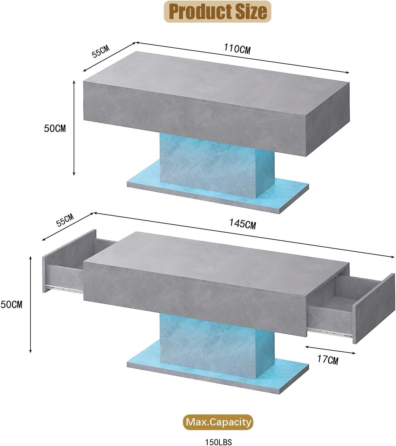 Grey Marble LED Coffee Table with 2 Drawers, High Gloss 110x55cm