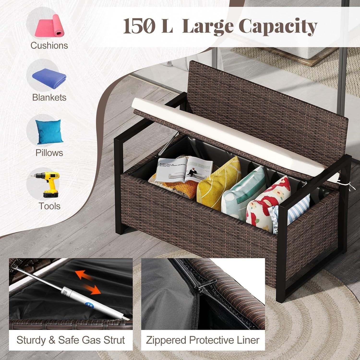 Outdoor 2-Seater PE Rattan Storage Bench with 150L Box & Padded Cushion