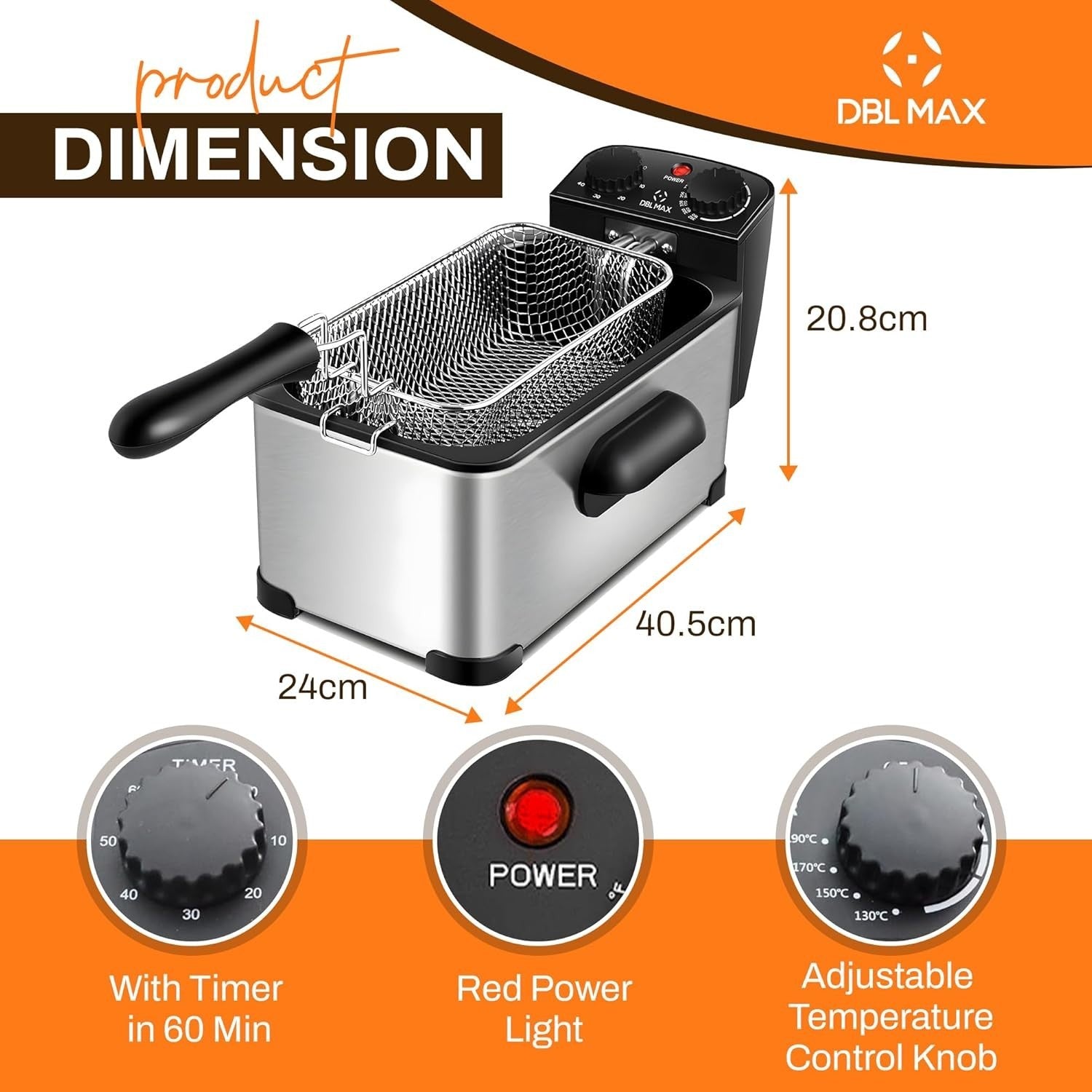 3L Electric Deep Fat Fryer Stainless Steel Adjustable Temp Viewing Window