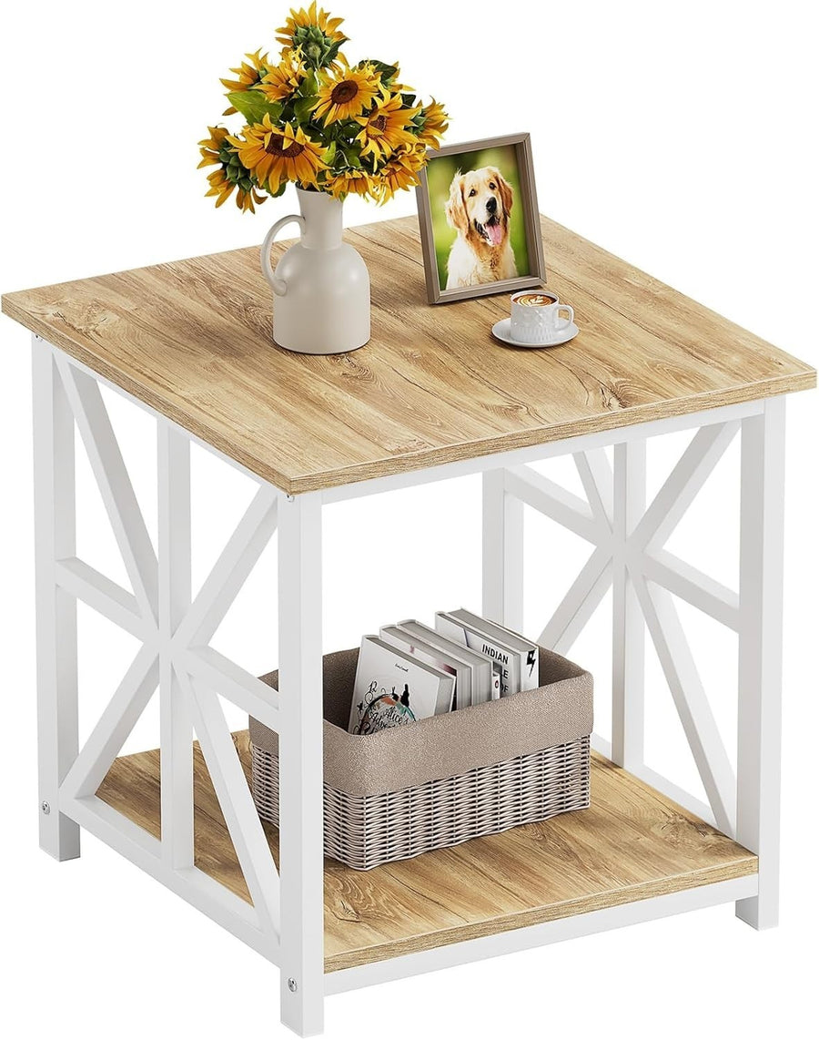 Oak 2-Tier Square Side Table 60x60x60 cm | Large End Table w/ Storage