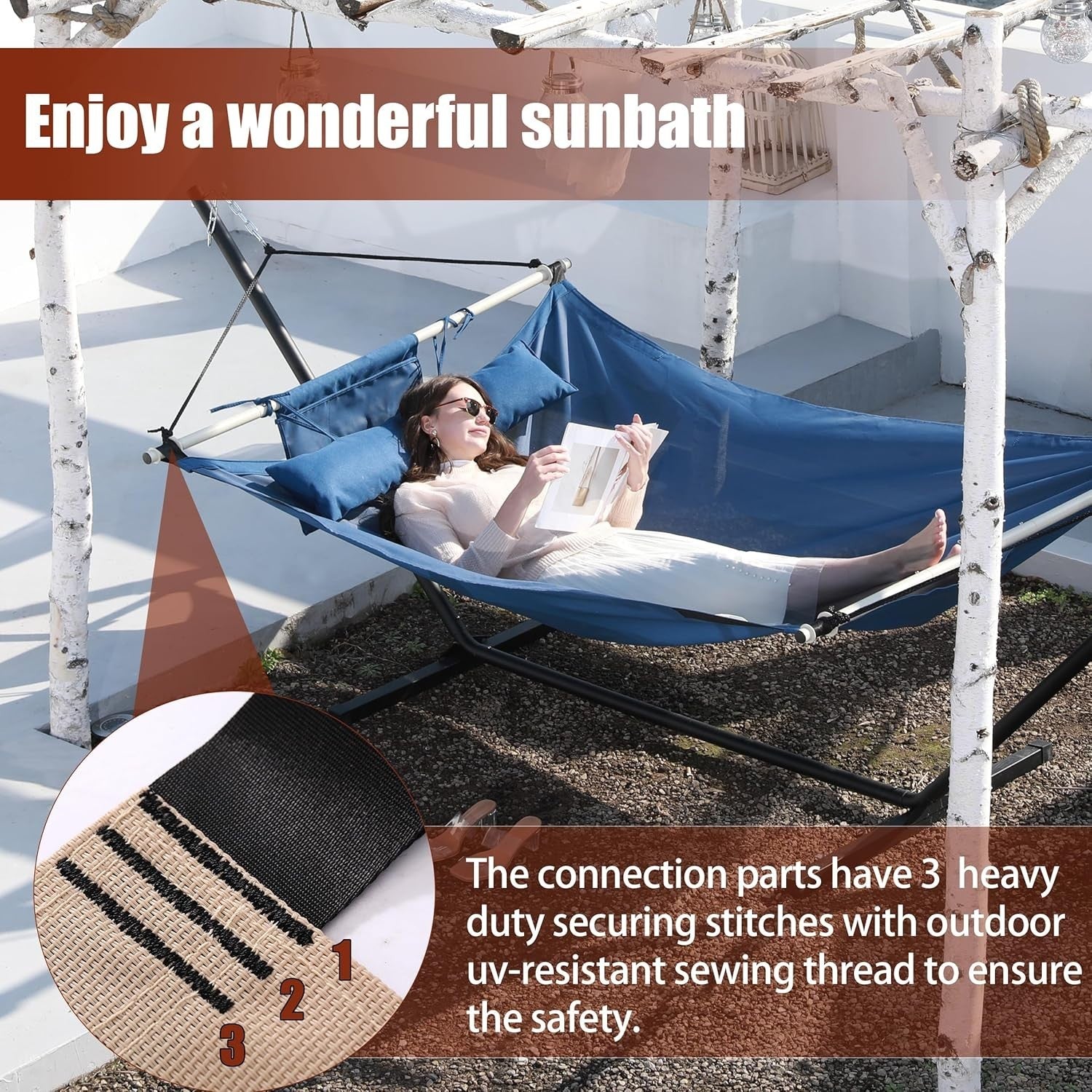 12FT Anti-Flip Double Hammock with Iron Spreader Bars & Nylon Ropes, 450LB