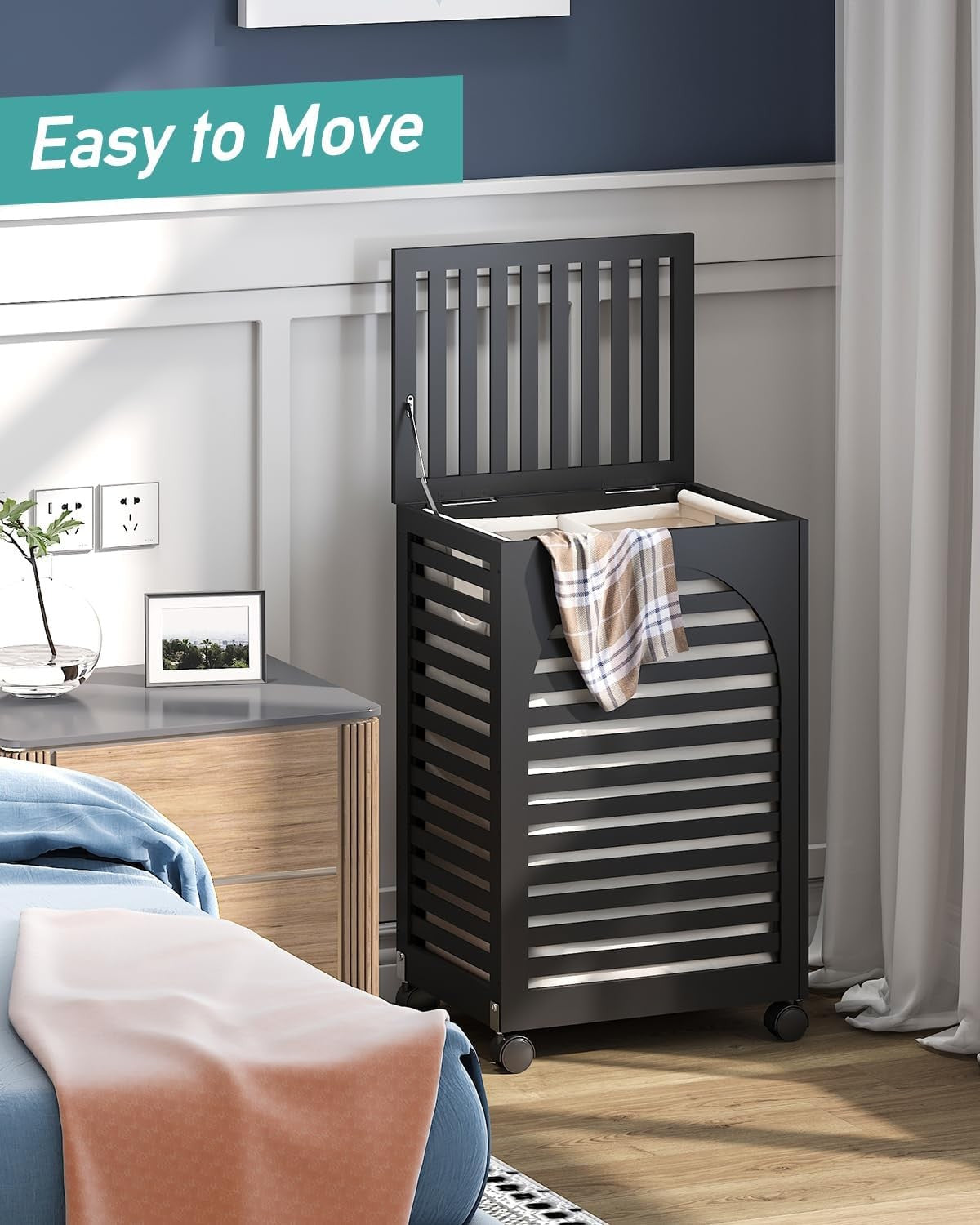 85L Black Bamboo Laundry Hamper on Wheels 2 Section Basket with Lid & Liner