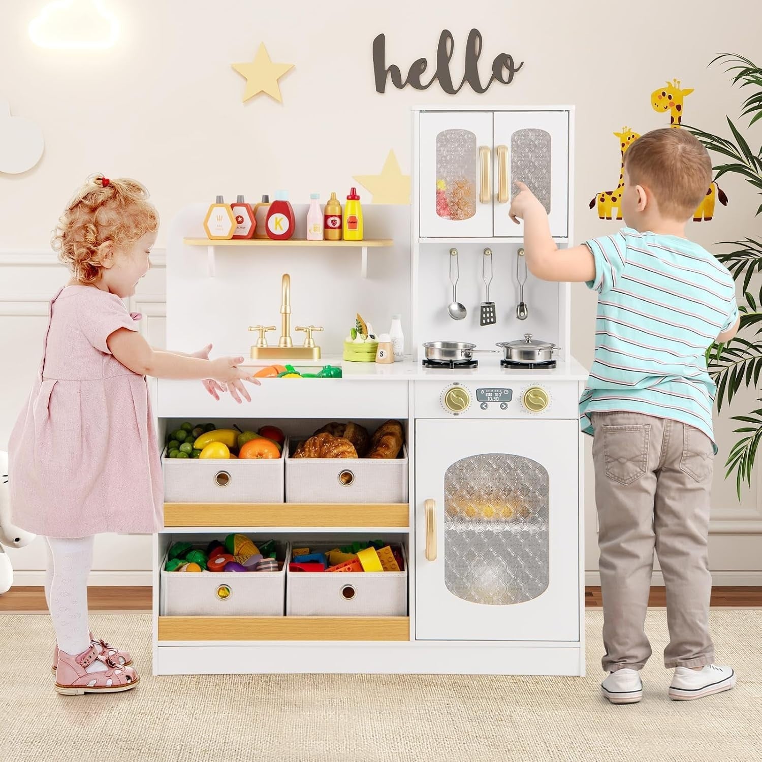 Kids Wooden Play Kitchen Toy Cuttable Veggies Storage Drawers