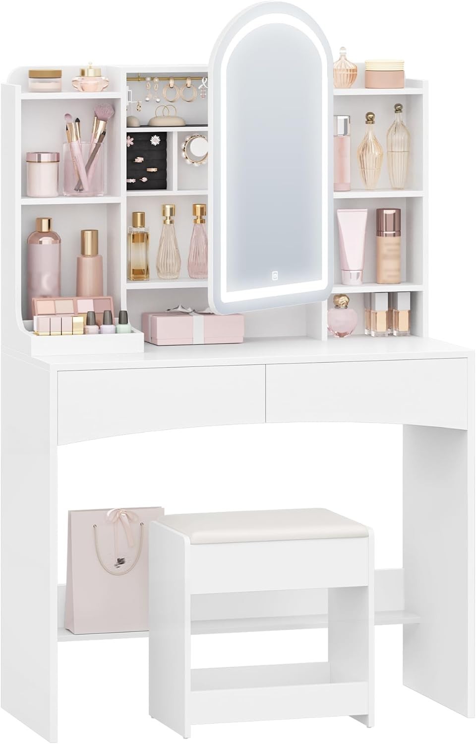 Dressing Table Vanity Desk with Mirror & 3-Color LED Light, Storage, White, Mode