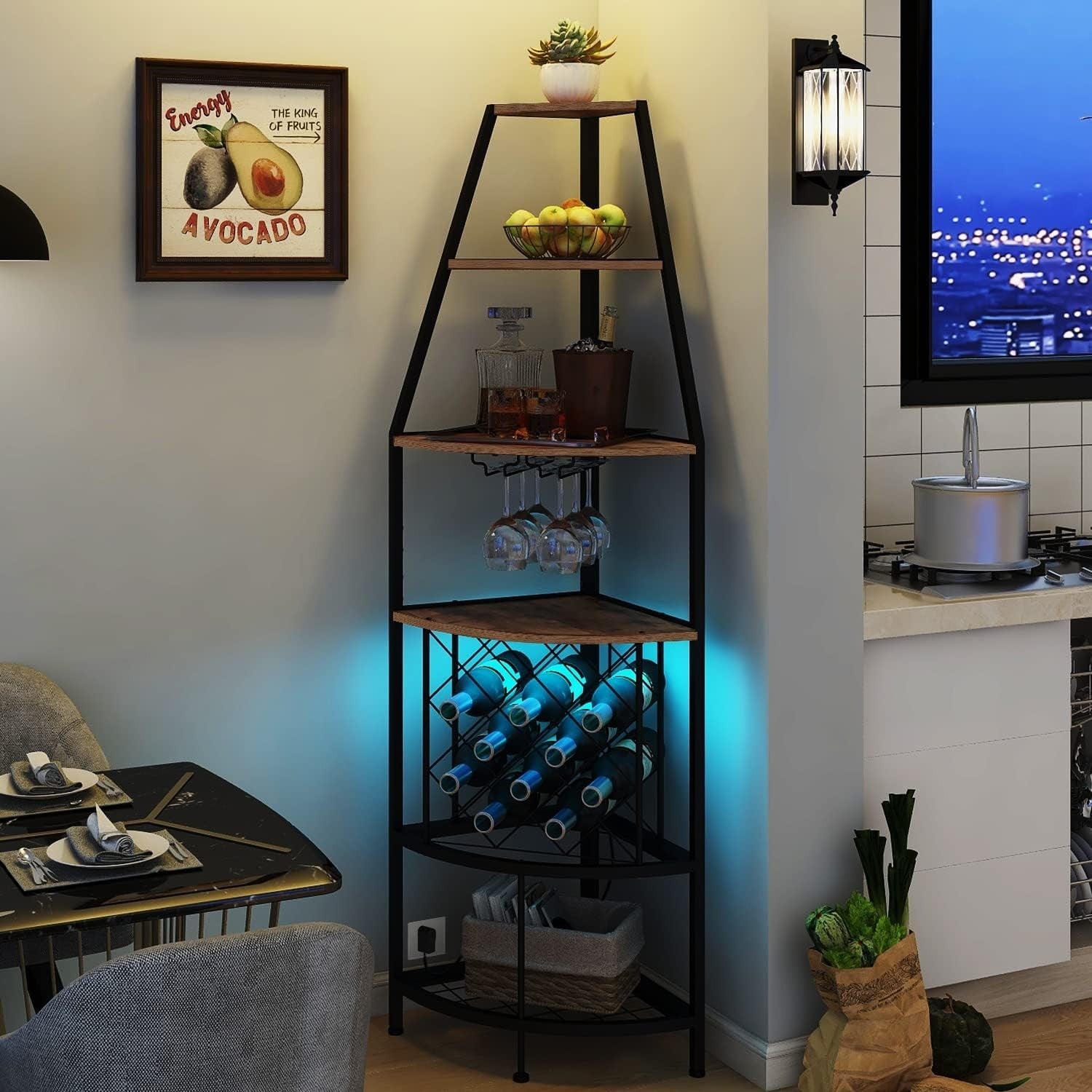 5 Tier Corner Wine Rack with LED Light | Home Bar Shelf Bottle & Glass Storage