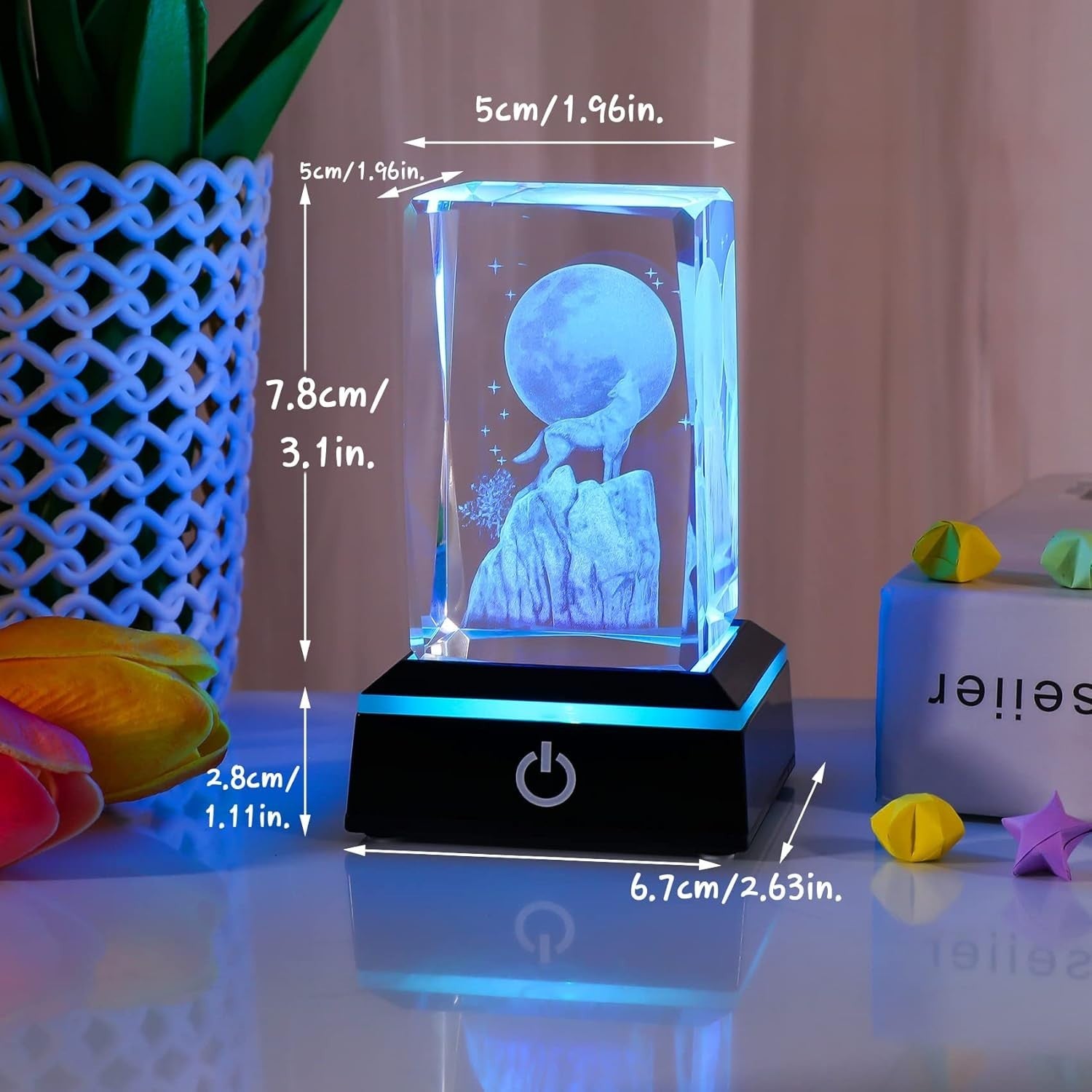 3D Crystal Wolf Ornament with LED Base • Howling Moon Glass Gift for Men & Women