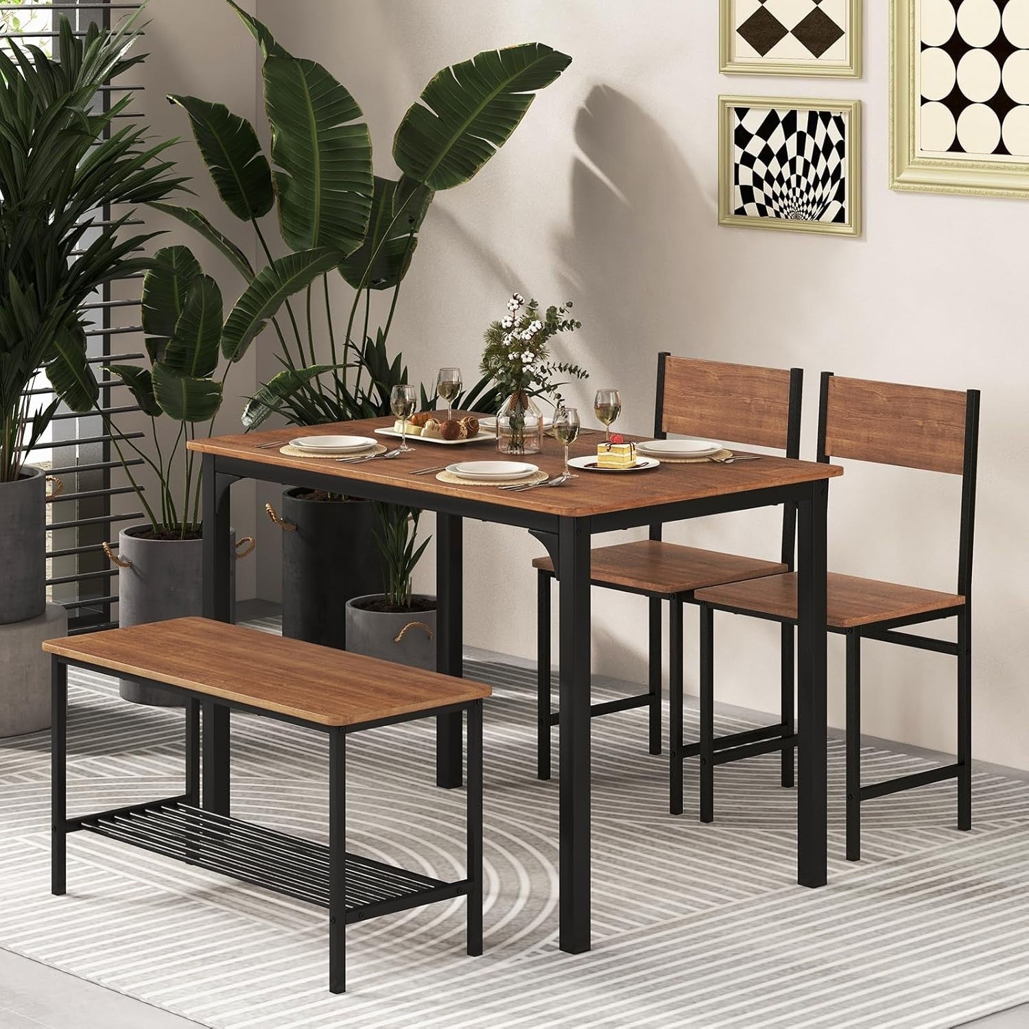 Teak Brown Industrial Dining Set with Bench & Storage Shelf – Seats 4