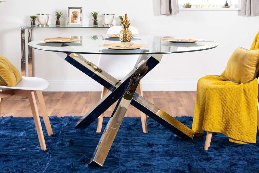 Round Glass Dining Table 136cm Silver Chrome Modern 6 Seater