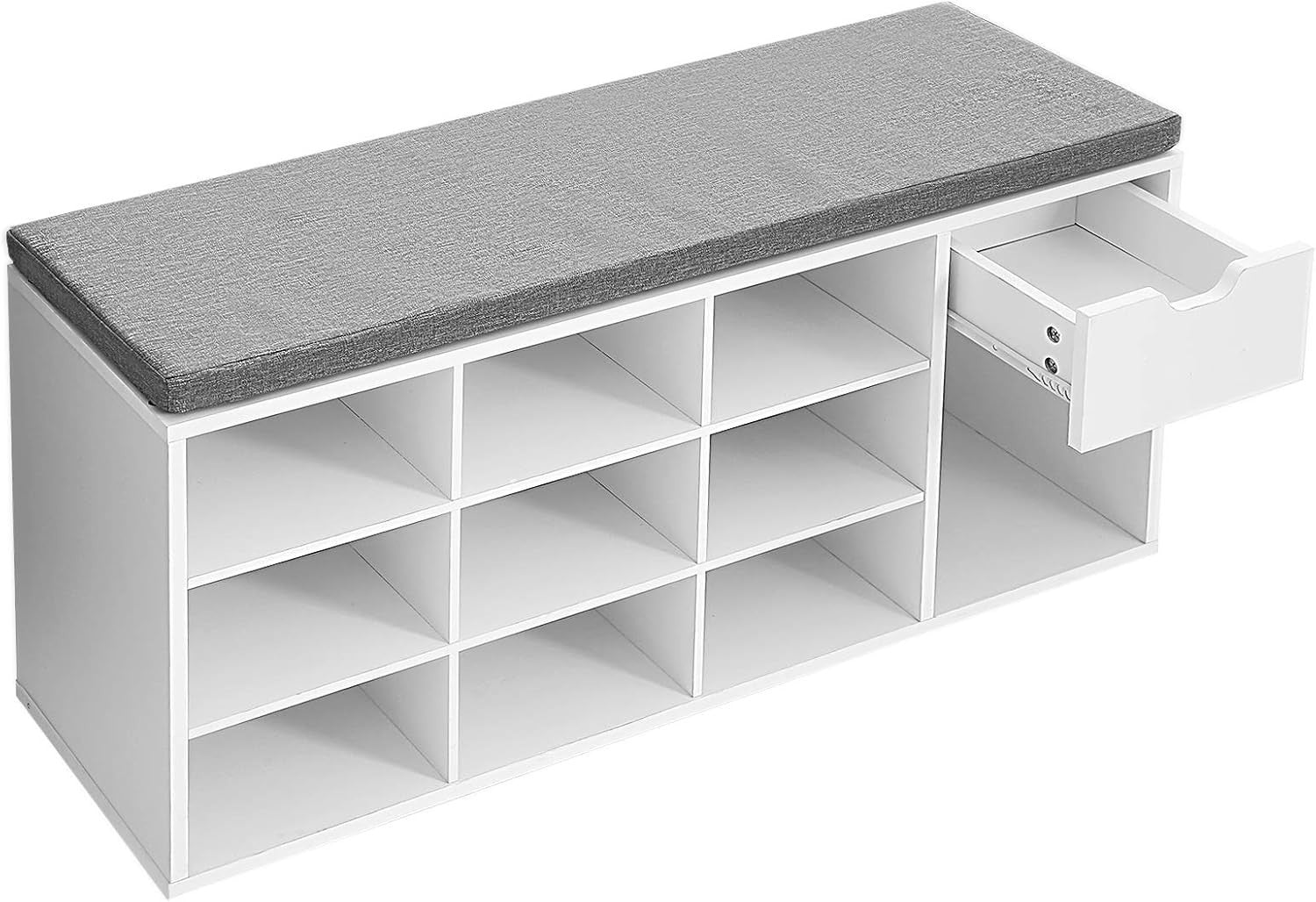 Modern White & Grey Shoe Storage Bench with Cushion, Drawer & Open Compartments