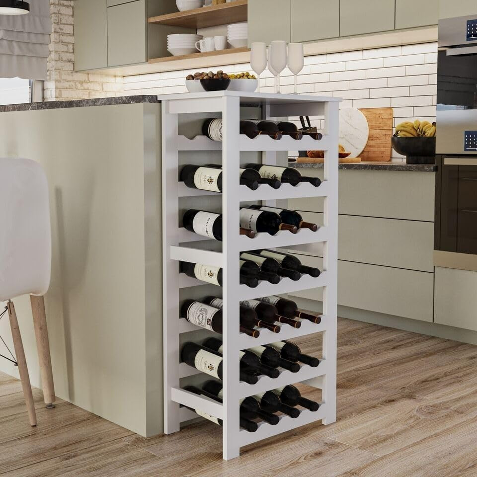 7-Tier Wine Rack Free Standing Holds 28 Bottles Modern White Wooden Storage