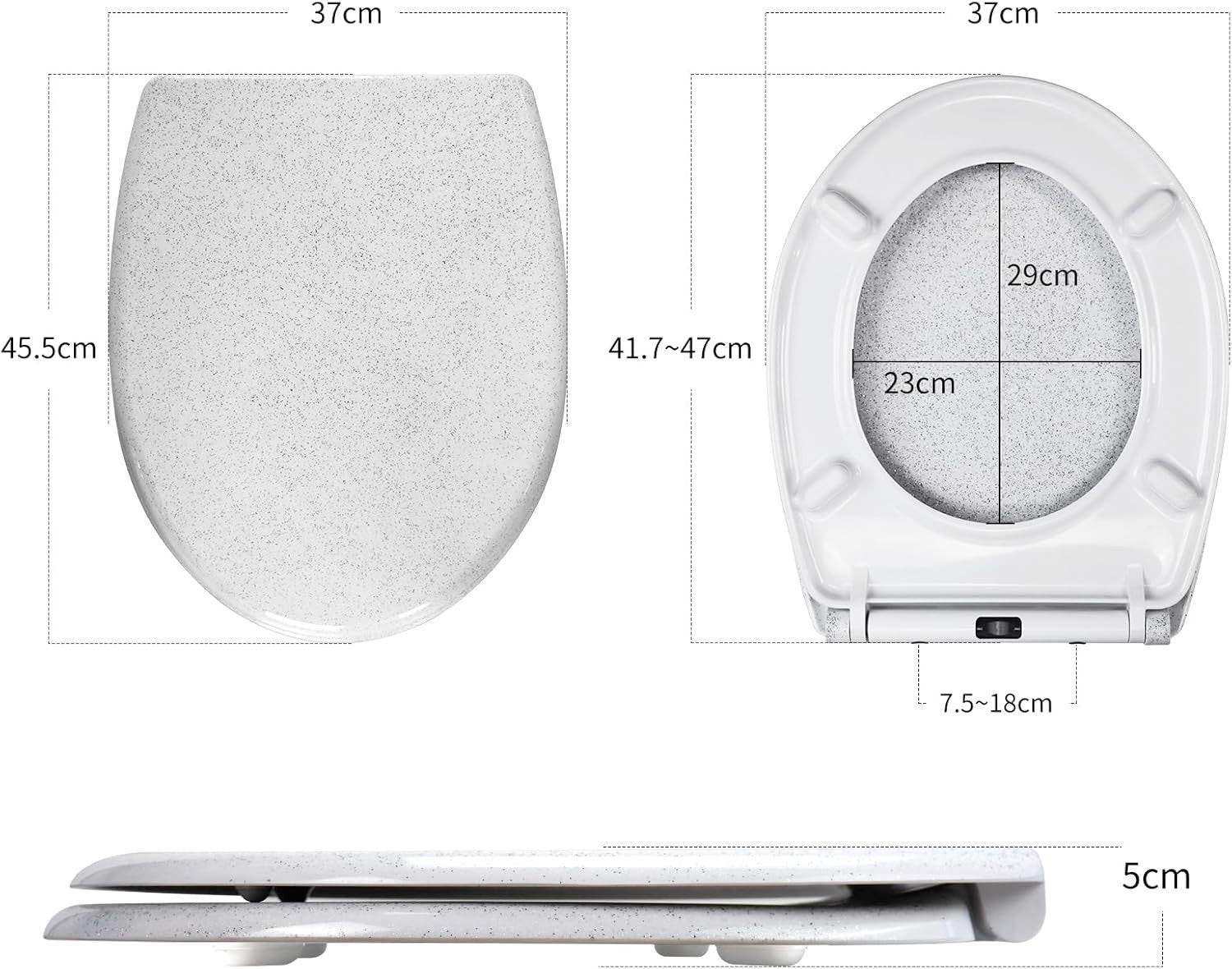 White Shining Toilet Seat Soft Close Duroplast Quick Release Top Fix 45x37cm