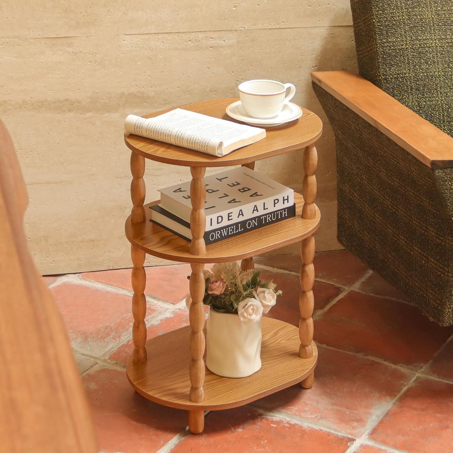 3-Tier Oval Side Table Brown, Compact Modern End Table with Storage Shelves