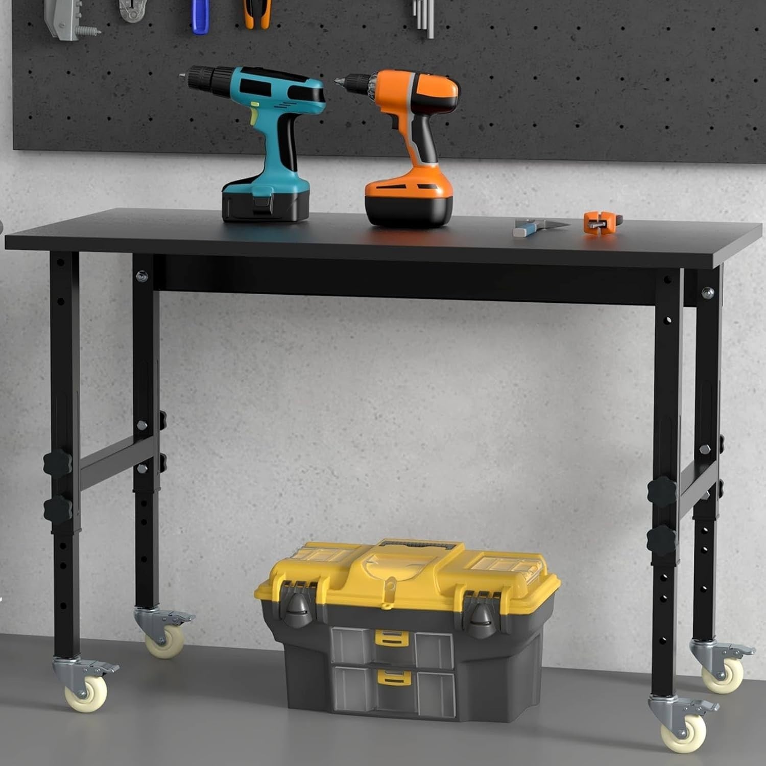 Height Adjustable Workbench 120x60cm 10-Level Rolling Table Bamboo Top