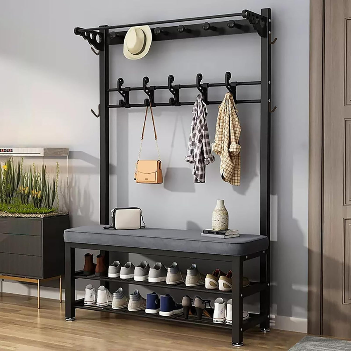 Industrial Hall Tree Coat Rack with Bench | Shoe Storage Shelf 100cm Black