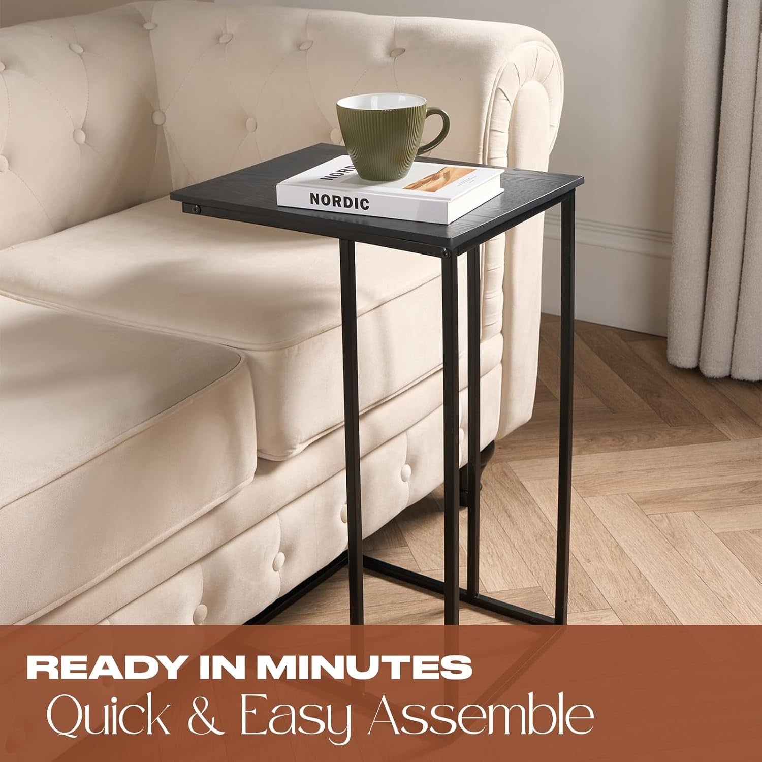 Black Marble C-Shaped Sofa Side Table – Space-Saving Modern End Table