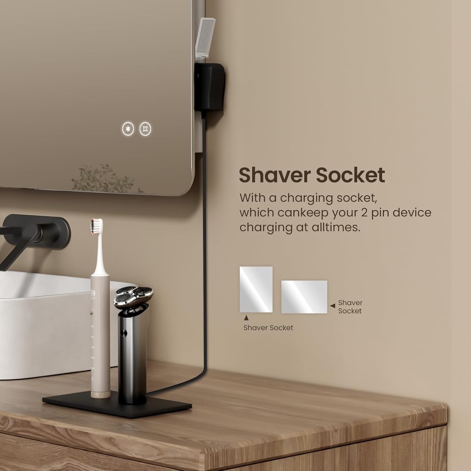 Bluetooth LED Bathroom Mirror with Anti-Fog Touch & Shaver Socket 60x80cm