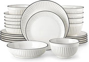 24 Piece White Dinner Set for 6 Embossed Porcelain Plates Bowls Black Rim