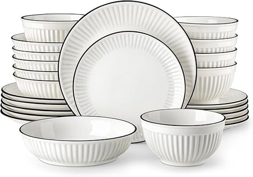 24 Piece White Dinner Set for 6 Embossed Porcelain Plates Bowls Black Rim