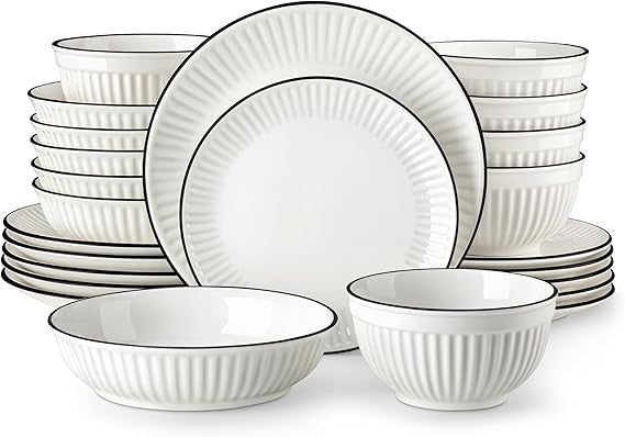 24 Piece White Dinner Set for 6 Embossed Porcelain Plates Bowls Black Rim