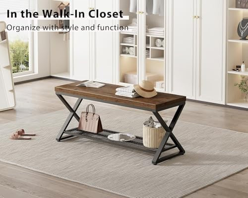 Rustic Brown Industrial Entryway Shoe Storage Bench Metal Frame Seat 99x36x46cm