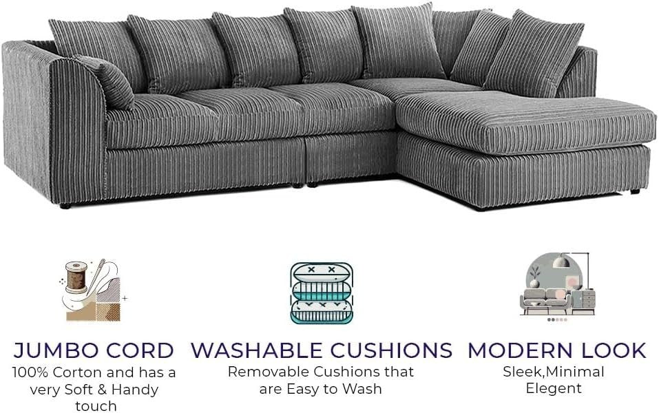 Grey L Shaped Corner Sofa 5 Seater with Memory Foam Cushions & Durable Frame