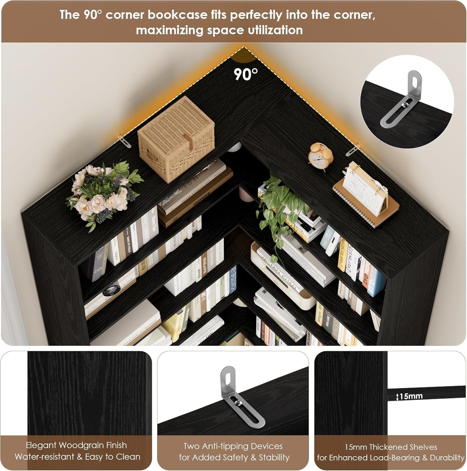 6 Tier White Corner Bookcase L-Shaped Tall Storage Shelf Modern 90x90x190 Black