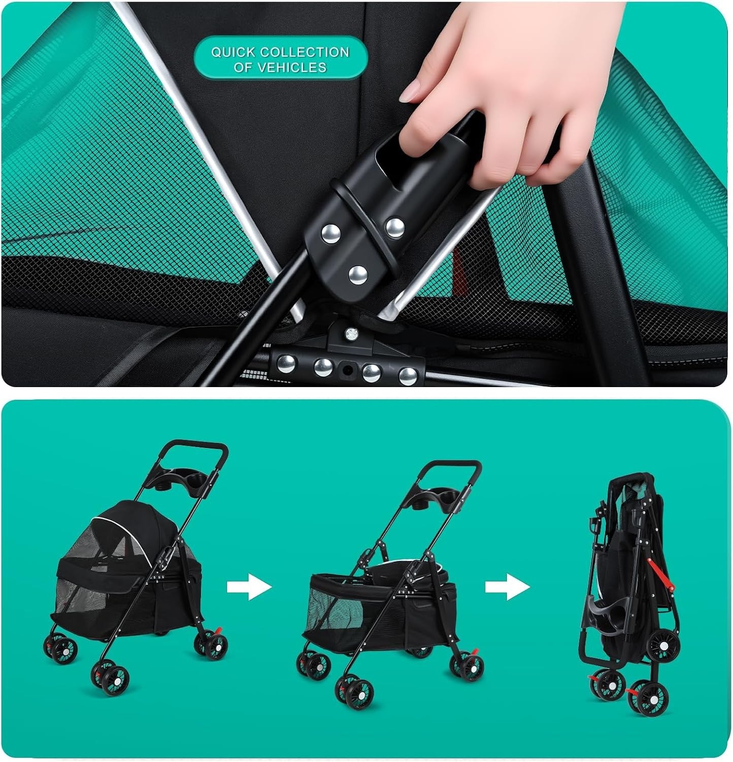 Pet Stroller for Dogs & Cats 4 Wheel Foldable Travel Pram Brake Mesh