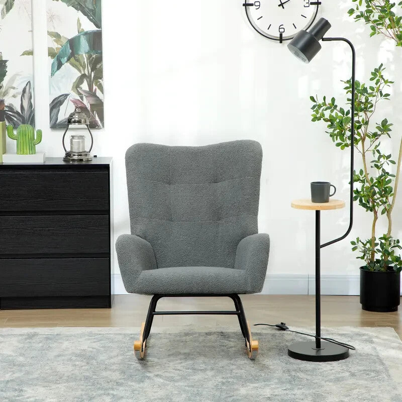 Grey Teddy Rocking Chair Armchair with Wood Base for Lounge Bedroom