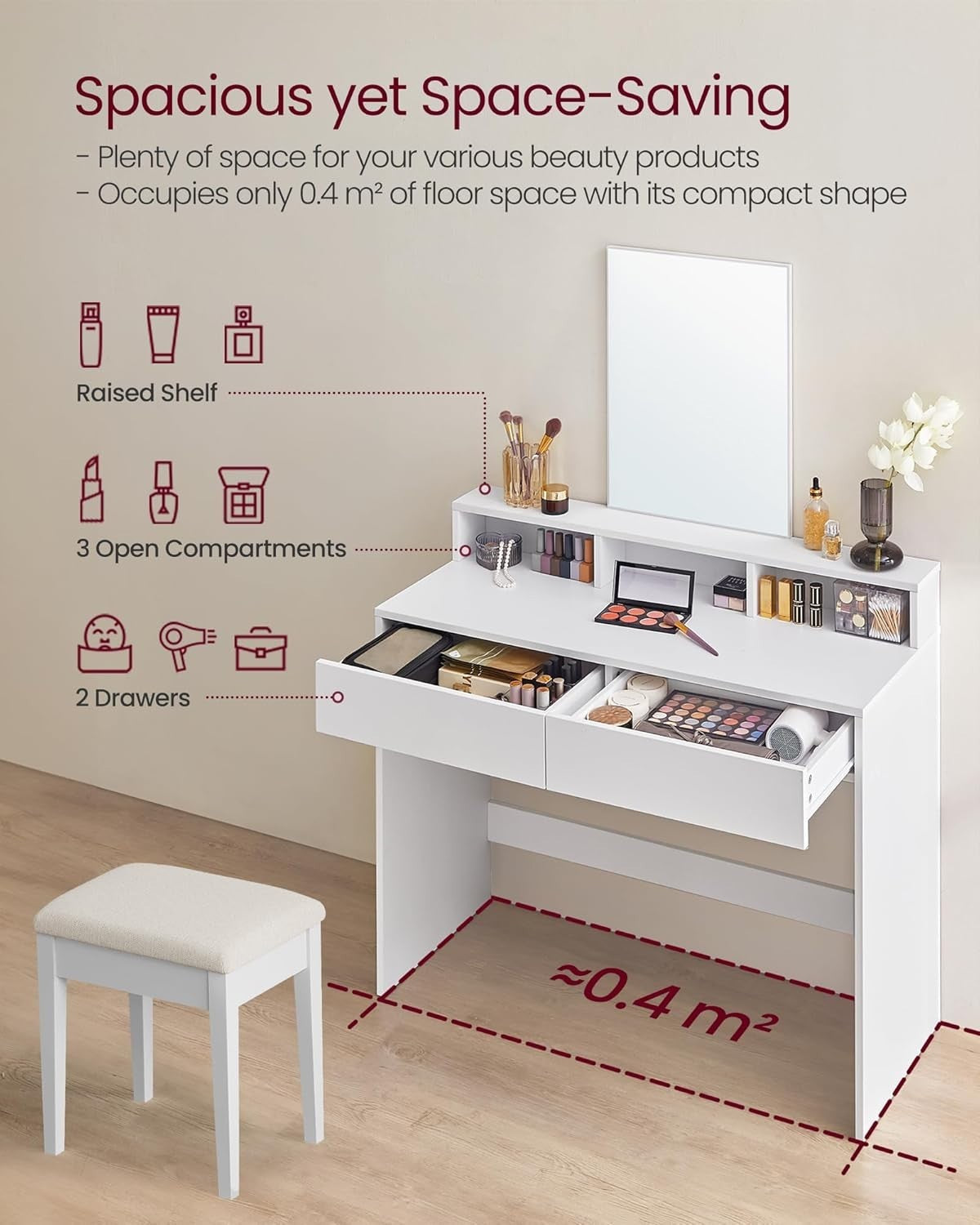 Modern Makeup Vanity Dressing Table Desk Storage Drawers Mirror White Wood