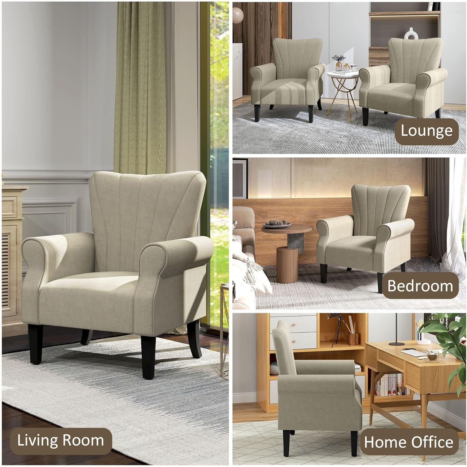 Beige Upholstered Accent Armchair with High Back & Rolled Arms, Living Room