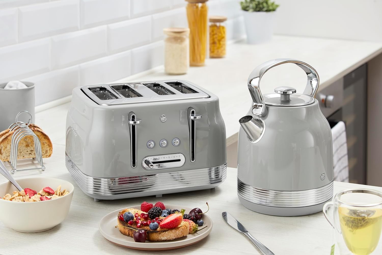 3pc Retro Grey Kitchen Set 20L Microwave 1.7L Kettle Toaster