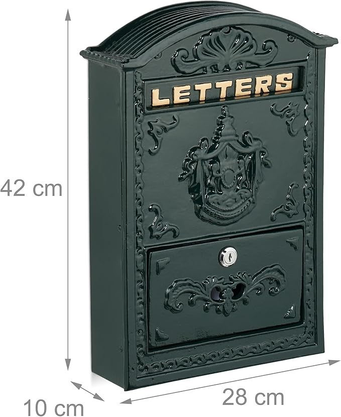 Vintage Wall Mounted Letterbox Green Gold | Lockable A4 Post Box Iron Aluminium