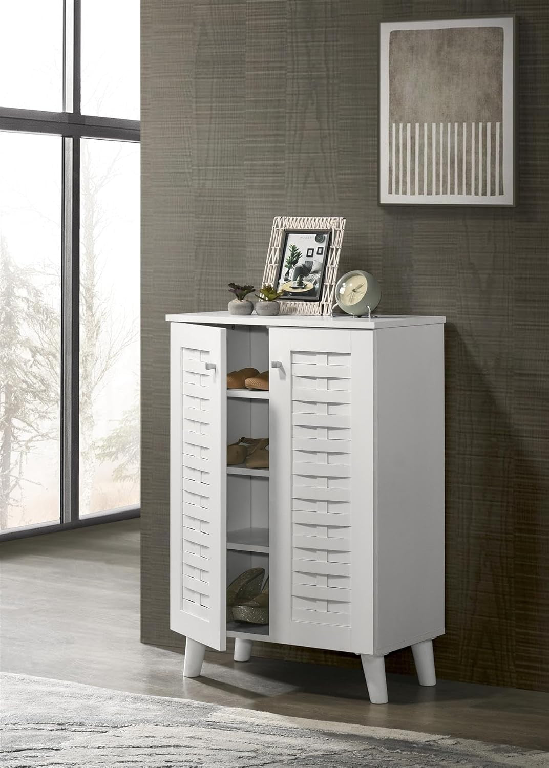 4 Tier 2 Door Shoe Cabinet Wooden Storage Unit 60x33x83 cm White