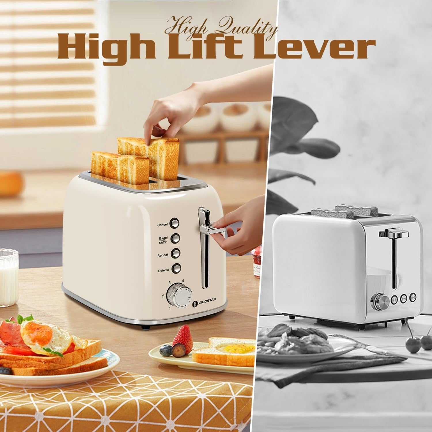 Retro 2-Slice Wide Slot Toaster Stainless Steel Cream 800W