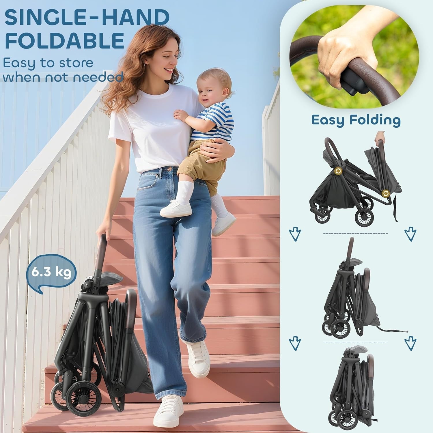 Lightweight Foldable Pushchair Travel Stroller Newborn to 3 Years Dark Grey