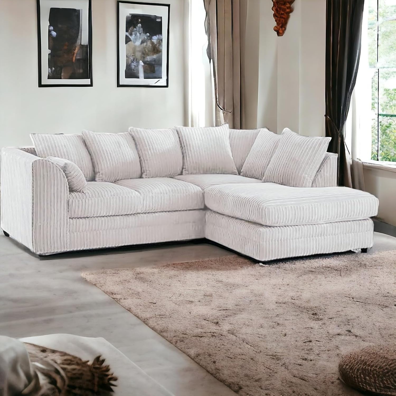 4 Seater Cream Jumbo Cord Scatter Back Right Hand Corner Sofa with Deep Seats